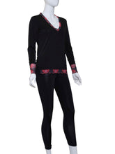 Load image into Gallery viewer, Black LS Very Vee Tee with Heart Trim