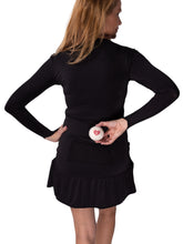 Load image into Gallery viewer, Our "Long Sleeve Monroe Tennis Dress" offers a little more coverage around the chest and arms than our "Monroe Tennis Dress", yet delicately shows your feminine curves. The dress is fitted throughout the body, with a flirty ruffle at the hem. It's perfect for tennis, and yet elegant enough for drinks after your win.