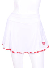 Load image into Gallery viewer, This is our limited edition Gladiator Skirt White With Red Stitching. This piece has a silky soft and quick-drying matching shorties, and binding to match. We make these in very small quantities - by design. Unique. Luxurious. Comfortable. Cool. Fun.