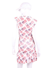 Load image into Gallery viewer, The Monroe Dress delicately shows your feminine curves. It is a fitted dress, until the bottom where there is a cute ruffle. These Hand Pressed American Flags pieces are very limited edition - only one made per size.