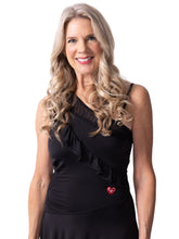 Load image into Gallery viewer, Flirty and alluring. That's the Charmaine tennis dress. Wear this sexy dress from the court to cocktails. The off the shoulder neck, asymmetrical lines, and side slit make this our most sexy dress. It is a fitted cut, but lined to give support, and is sewn with our silky soft stretchy fabric. This dress is short, it sits high on the thigh. This dress comes with its own one-sided matching soft bra to wear underneath.