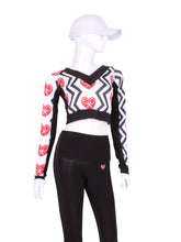 Load image into Gallery viewer, This vee neckline tops arm protection from the sun. This piece has the Black Zig Zag and Red Heart + Rackets Trademarked Logo on a white background for a feminine and fun print. Very limited edition only two made per size per style.