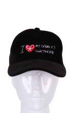 Load image into Gallery viewer, Black Velvet Tennis Hat Mesh Back - I LOVE MY DOUBLES PARTNER!!!