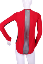 Load image into Gallery viewer, Longer Bright Red + Black Mesh Long Sleeve Crew Tee - I LOVE MY DOUBLES PARTNER!!!
