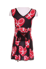 Load image into Gallery viewer, Huge Heart + Rackets on Black Angelina Dress. The Angelina Dress is from our sophisticated and elegant collections, for women with a flair for looking good. Our dress is fitted through the bodice, and flares out at the skirt. It is perfect for tennis, running and golf, and of course, a trip to your after-court party with your friends. It was designed for confident women like you! This style is in our popular Heart + Rackets design, with a flattering v-neck neckline.