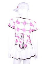 Load image into Gallery viewer, Tie Back Tee Short Sleeve Pink Hearts & Net - I LOVE MY DOUBLES PARTNER!!!