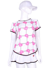 Load image into Gallery viewer, Tie Back Tee Short Sleeve Pink Hearts & Net - I LOVE MY DOUBLES PARTNER!!!