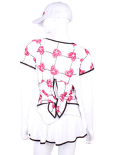 Load image into Gallery viewer, Tie Back Tee Short Sleeve Raspberry Red Hearts & Net - I LOVE MY DOUBLES PARTNER!!!
