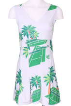 Load image into Gallery viewer, Angelina Tennis Dress Court + Palms. The Angelina Dress is from our sophisticated and elegant collections, for women with a flair for looking good. Our dress is fitted through the bodice, and flares out at the skirt. It is perfect for tennis, running and golf, and of course, a trip to your after-court party with your friends. It was designed for confident women like you!
