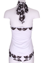 Load image into Gallery viewer, White Halter Top + Black White Diamond Heart Trim - I LOVE MY DOUBLES PARTNER!!!