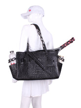 Load image into Gallery viewer, The Long Tennis Tote - Shiny Black Vegan Alligator
