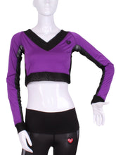 Load image into Gallery viewer, Purple Vee Crop Top with Black Mesh - I LOVE MY DOUBLES PARTNER!!!