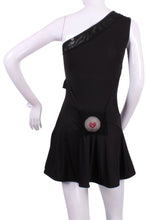 Load image into Gallery viewer, The Charmaine Court To Cocktails Tennis Dress in Black. Flirty and alluring. That's the Charmaine tennis dress. Wear this sexy dress from the court to cocktails. The off the shoulder neck, asymmetrical lines, and side slit make this our most sexy dress. It is a fitted cut, but lined to give support, and is sewn with our silky soft stretchy fabric. This dress is short, it sits high on the thigh. This dress comes with its own one-sided matching soft bra to wear underneath.