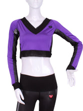 Load image into Gallery viewer, Purple Vee Crop Top with Black Mesh - I LOVE MY DOUBLES PARTNER!!!