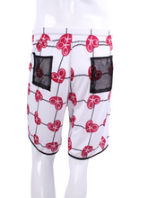 Load image into Gallery viewer, This is our limited edition Men’s Shorts with Raspberry Red Hearts and Net. This piece has a silky and soft fabric. Back pockets to hold tennis balls. We make these in very small quantities - by design. Unique. Luxurious. Comfortable. Cool. Fun.