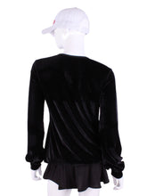 Load image into Gallery viewer, Black Velvet Long Sleeve Warm Up Top. This long sleeve top is the most feminine and flowing of my collection. It is comfortable with binding on the neckline, poofy at the wrists and soft hem at the hips. The fabrics are super soft yet warm. Fully machine washable. Hang to dry. Designed by Adeline, and proudly sewn in Los Angeles from lovely imported fabric.