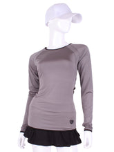 Load image into Gallery viewer, Grey Open Back Long Sleeve Crew. This all new Open Back Long Sleeve Crew can be worn with a skirt or our Court 🎾 to Cocktails 🍸 Tennis Dresses to have access to the back pocket. Made with a little thicker fabric you can have sun protection and warmth (everywhere but the small of your back)! Every print was uniquely designed by Adeline and the pieces were sewn in downtown Los Angeles. Made with loads of ♥️