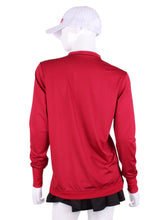 Load image into Gallery viewer, Raspberry Red Long Sleeve Very Vee Tee. This top is soooo gorgeous! It’s called the Long Sleeve Very Vee Tee - because as you can see - the Vee is - well you know - VERY VEE! For the tennis lady who loves to leave her chest open - but cover her arms (and other bits) this top is seductive in a sweet way! You feel nearly naked in it. So go ahead - hit that ace! Flattering and free - that’s what this top is. The most preppy of my tops - looks just as good tied around the shoulders as it does on.