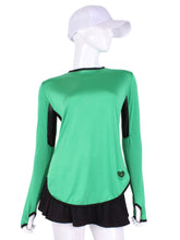 Load image into Gallery viewer, Longer Green + Black Mesh Long Sleeve Crew Tee. The most coverage of all my tops - with the Long Sleeve Crew Tee you can cover your chest AND your arms and back of hands thanks to the thumb hole. However - you still stay cool! I designed this top to look flattering AND allow maximum air flow through my mesh back and side panels. The harder you play - the more SWOOSH OF AIR FLOW you create. Be your own FAN. Literally. Keep cool. Keep shaded. Keep dry. Look awesome.