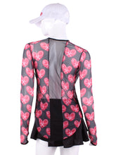 Load image into Gallery viewer, Heart Mesh Red + Black Mesh Long Sleeve Crew Tee. The super cool and totally see-though Long Sleeve Crew Tee! I designed this top to look flattering AND allow maximum air flow through my mesh back and side panels. The harder you play - the more SWOOSH OF AIR FLOW you create. Be your own FAN. Literally. Keep cool. Keep shaded. Keep dry. Look awesome.