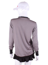 Load image into Gallery viewer, Grey Long Sleeve Very Vee Tee w/ Black Mesh. For the tennis lady who loves to leave her chest open - but cover her arms (and other bits) this top is seductive in a sweet way! You feel nearly naked in it. So go ahead - hit that ace! Flattering and free - that’s what this top is. The most preppy of my tops - looks just as good tied around the shoulders as it does on!