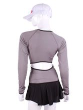 Load image into Gallery viewer, Grey Open Back Long Sleeve Crew. This all new Open Back Long Sleeve Crew can be worn with a skirt or our Court 🎾 to Cocktails 🍸 Tennis Dresses to have access to the back pocket. Made with a little thicker fabric you can have sun protection and warmth (everywhere but the small of your back)! Every print was uniquely designed by Adeline and the pieces were sewn in downtown Los Angeles. Made with loads of ♥️