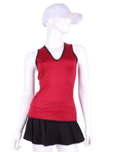 Load image into Gallery viewer, Straight Back Vee Tank Red Raspberry With Black Trim. The simply elegant Vee Tank has a little vee in the front and a straight back. Designed by a tennis player for comfort AND luxury - the pattern is made for a real woman’s body with curves and all! The material is stretchy and soft. As with all of our apparel - it’s designed and hand made in Downtown Los Angeles - from imported fabric.