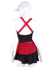 Load image into Gallery viewer, Ruffle Tank Tennis Top Black & Red Mesh. An elegant tennis ruffle top - silky soft - light - and quick-drying breathable fabric. Scoop neckline front and crossed back with two-needle cover stitch at each seam. Smooth binding finishes the edges with class. The most comfortable and feminine tennis top. These pieces run small for a more petite woman - under 5’8” - for the medium max 34 D