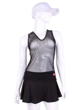 Load image into Gallery viewer, Straight Back Vee Tank Black All Mesh. The simply elegant Vee Tank has a little vee in the front and a straight back. Designed by a tennis player for comfort AND luxury - the pattern is made for a real woman’s body with curves and all! The material is stretchy and soft. As with all of our apparel - it’s designed and hand made in Downtown Los Angeles - from imported fabric.
