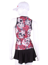Load image into Gallery viewer, Straight Back Vee Tank Skulls The simply elegant Vee Tank has a little vee in the front and a straight back. Designed by a tennis player for comfort AND luxury - the pattern is made for a real woman’s body with curves and all! The material is stretchy and soft. As with all of our apparel - it’s designed and hand made in Downtown Los Angeles - from imported fabric.