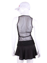 Load image into Gallery viewer, Straight Back Vee Tank Black All Mesh. The simply elegant Vee Tank has a little vee in the front and a straight back. Designed by a tennis player for comfort AND luxury - the pattern is made for a real woman’s body with curves and all! The material is stretchy and soft. As with all of our apparel - it’s designed and hand made in Downtown Los Angeles - from imported fabric.