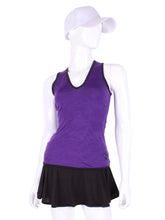 Load image into Gallery viewer, Straight Back Vee Tank Purple w/ Black Trim. The simply elegant Vee Tank has a little vee in the front and a straight back. Designed by a tennis player for comfort AND luxury - the pattern is made for a real woman’s body with curves and all! The material is stretchy and soft. As with all of our apparel - it’s designed and hand made in Downtown Los Angeles - from imported fabric.