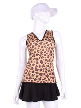 Load image into Gallery viewer, Leopard Vee Tank. A fun tennis tank top - with Leopard Bring - and quick-drying breathable fabric. Vee front and tee back with two-needle cover stitches at each seam. Smooth black binding and black stitching finishes the edges with a touch of sass.