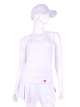 Load image into Gallery viewer, White Tiny Tank with White Mesh. This is my top with the least coverage. Aptly named the Tiny Tank! It has a deep scoop neckline and strappy cross back. Very light and cool (and sexy). There is a bra spot to slide privacy cups inside (not included). If you don’t fear the sun on your body - and love being air-conditioned - then this is the top for you!!!