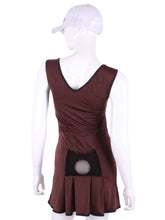Load image into Gallery viewer, The Angelina Dress is from our sophisticated and elegant collections, for women with a flair for looking good. Wear this stunning piece straight from the court....to cocktails. This style is in our chocolate brown design, with a flattering v-neck neckline. This soft, silky, and sexy tennis dress is lightweight, and very comfortable, providing plenty of flexibility to play both on and off of the court.