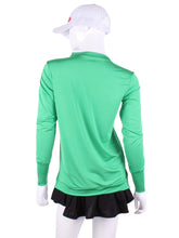 Load image into Gallery viewer, Green Long Sleeve Very Vee Tee. This top is soooo gorgeous! It’s called the Long Sleeve Very Vee Tee - because as you can see - the Vee is - well you know - VERY VEE! For the tennis lady who loves to leave her chest open - but cover her arms (and other bits) this top is seductive in a sweet way! You feel nearly naked in it. So go ahead - hit that ace! Flattering and free - that’s what this top is. The most preppy of my tops - looks just as good tied around the shoulders as it does on!