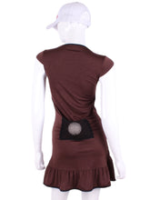 Load image into Gallery viewer, The Monroe Dress delicately shows your feminine curves. It is a fitted dress, until the bottom where there is a cute ruffle. These Brown pieces are very limited edition - only one made per size.