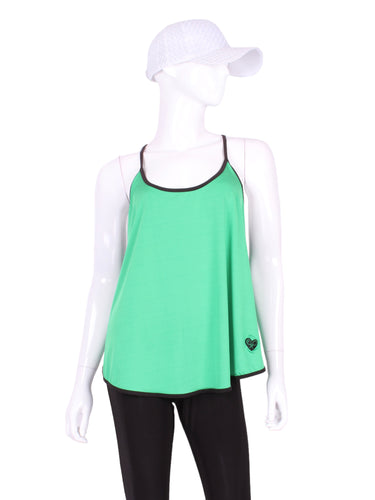 A cool and flowy Baggy Tank tennis top for ultimate comfort.  A deep scoop neckline front and strappy high back with two-needle cover stitch at each seam.   Smooth black binding finishes the edges.