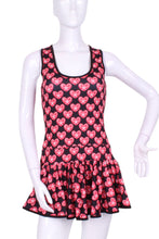 Load image into Gallery viewer, Meet my playful, fun, and very flirty tennis dress The Sandra Dee. I designed it just for you. A tennis player designing for tennis players!  Fits your desire to have a cute outfit, comfortable and sexy, and where you can keep your tennis balls off of your skin!  My exclusive back dry ball pocket looks like a cute tennis net - and more importantly, keeps the yellow fuzz off the thigh!
