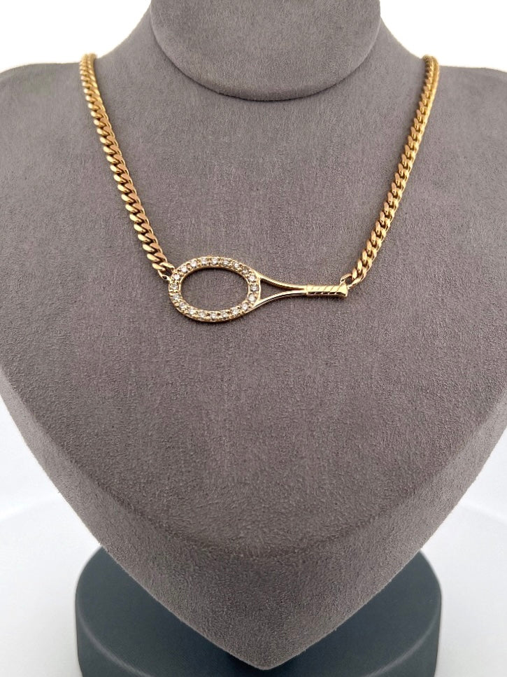 This luxuries necklace has a horizontal BIG gold tennis racket with diamonds.   With the dainty and very fancy shiny gold chain.   This racket design is exclusively mine and hand crafted by a team in downtown Los Angeles.
