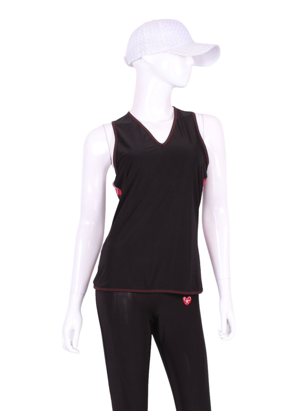 A fun tennis tank top - with Hearts - light mesh back - and quick-drying breathable fabric.  Vee front and tee back with two-needle cover stitches at each seam.   Smooth black binding and red stitching finishes the edges with a touch of sass.  