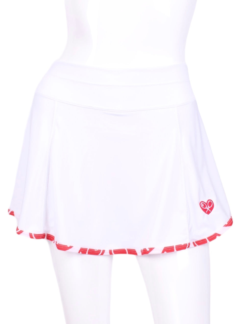 This is our limited edition Gladiator Skirt White With Red Stitching.  This piece has a silky soft and quick-drying matching shorties, and binding to match.  We make these in very small quantities - by design.  Unique.  Luxurious.  Comfortable.  Cool.  Fun.