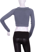 Load image into Gallery viewer, This vee neckline tops arm protection from the sun, but have mesh under the arm to keep you COOL while you play.  These are the grey collection with airy black mesh contrast.  Designed very short to allow for access to the back pocket on my court to cocktails tennis dresses.
