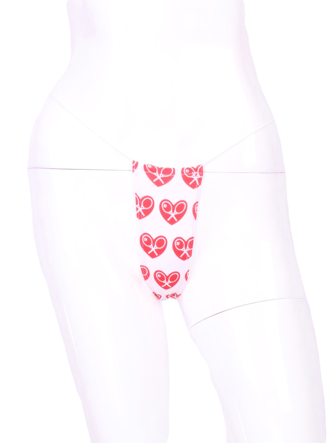 Red heart on white thong underwear, adding a touch of romantic and playful charm. 