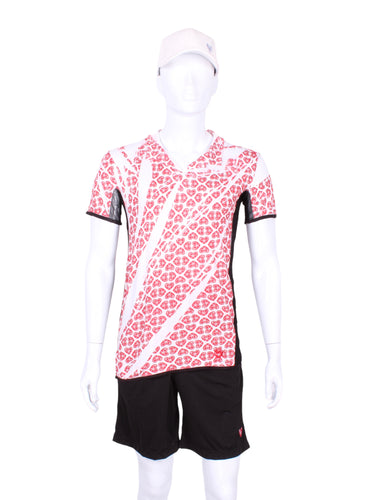 This is our limited edition Men’s Short Sleeve Polo Shirt Hand Pressed N/E/S/W Hearts On White With Black Mesh.  This piece has a silky and soft fabric.   We make these in very small quantities - by design.  Unique.  Luxurious.  Comfortable.  Cool.  Fun.