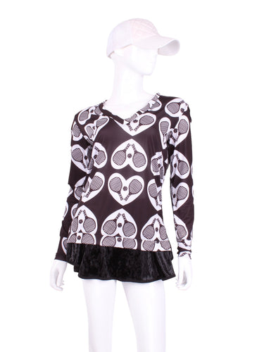 Cute Black Pickleball Hearts in a Diamond Shape.  It’s called the Long Sleeve Very Vee Tee - because as you can see - the Vee is - well you know - VERY VEE!