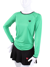 Load image into Gallery viewer, This is our limited edition Tie Back Long Sleeve Green Top  This piece has a silky and soft fabric and you can style and tie it by your own choice.   We make these in very small quantities - by design.  Unique.  Luxurious.  Comfortable.  Cool.  Fun. 
