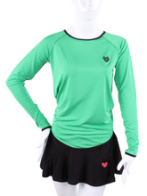 Load image into Gallery viewer, This is our limited edition Tie Back Long Sleeve Green Top  This piece has a silky and soft fabric and you can style and tie it by your own choice.   We make these in very small quantities - by design.  Unique.  Luxurious.  Comfortable.  Cool.  Fun. 
