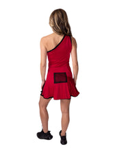 Load image into Gallery viewer, Flirty and alluring.  That&#39;s the Charmaine tennis dress.  Wear this sexy dress from the court to cocktails.  The off the shoulder neck, asymmetrical lines, and side slit make this our most sexy dress.  It is a fitted cut, but lined to give support, and is sewn with our silky soft stretchy fabric.  This dress is short, it sits high on the thigh.  This dress comes with its own one-sided matching soft bra to wear underneath.
