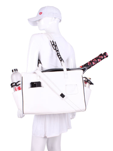 The Long Tennis Tote in White Vegan Alligator is our stylish, sexy and functional tennis bag designed to carry all your essentials for the game. 